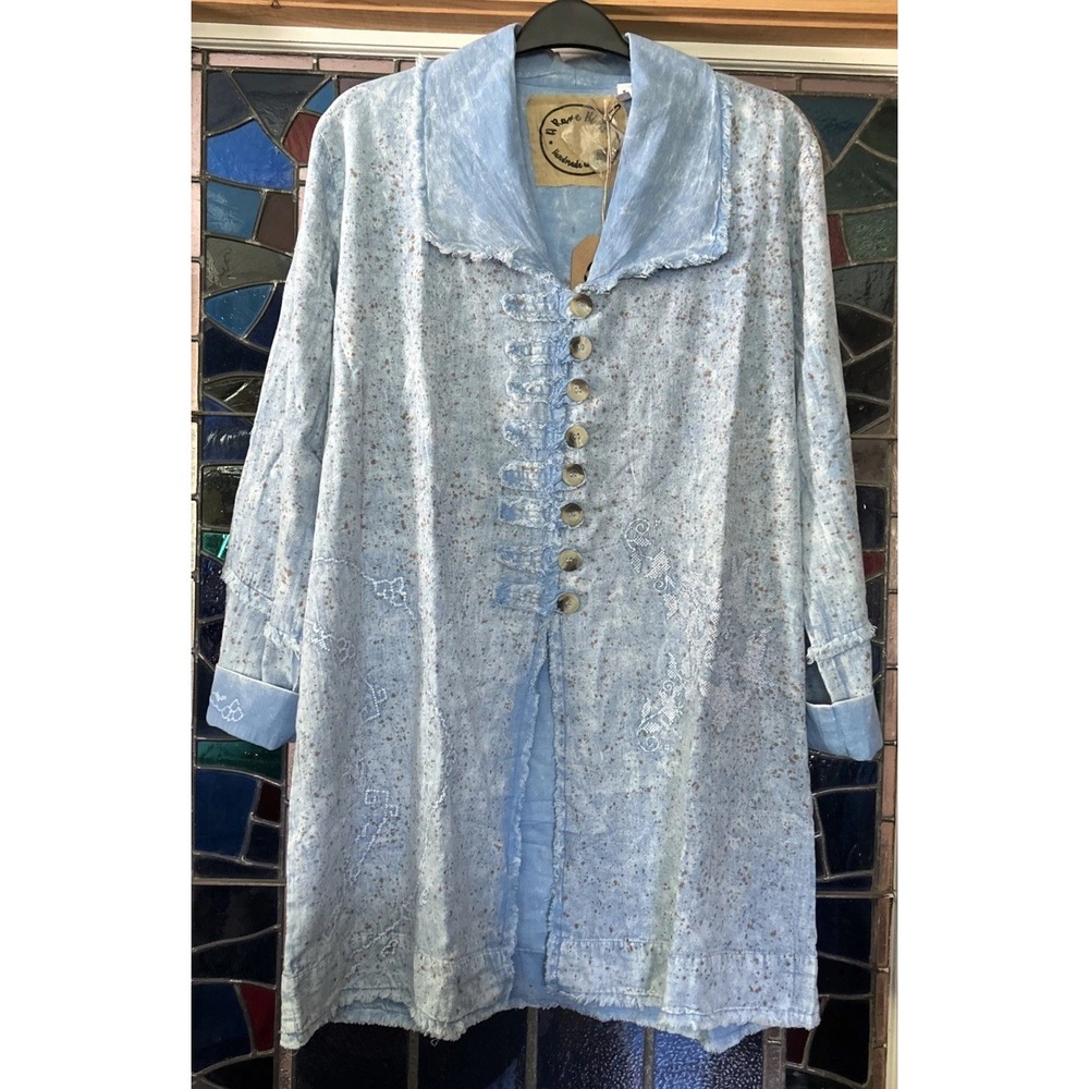 A Rare Bird Jacket Tunic Embroidered X-Stitch Light Blue One Size Distressed NWT